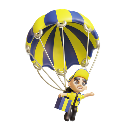 Repartidor sosteniendo paquete con paracaídas  3D Illustration