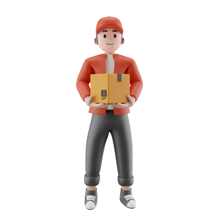 Repartidor sosteniendo una caja de cartón  3D Illustration