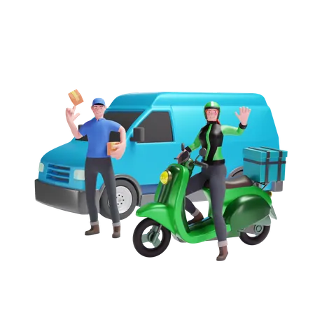 Repartidor y repartidora saludando en furgoneta y scooter  3D Illustration