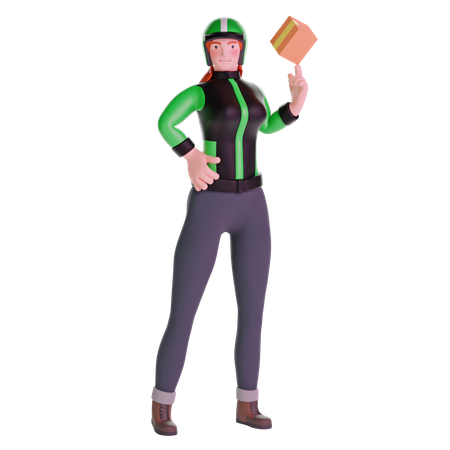 Repartidora con chaqueta de uniforme jugando con paquete de caja de cartón  3D Icon