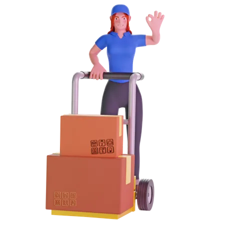 Repartidora con gesto de signo de mano ok y sosteniendo carrito cargado con cajas de cartón  3D Illustration
