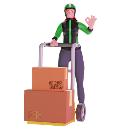 Repartidora con gesto de signo de mano ok y sosteniendo carrito cargado con cajas de cartón  3D Icon