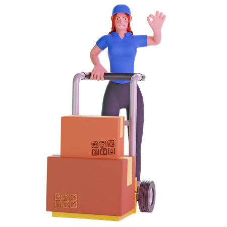 Repartidora con gesto de signo de mano ok y sosteniendo carrito cargado con cajas de cartón  3D Icon