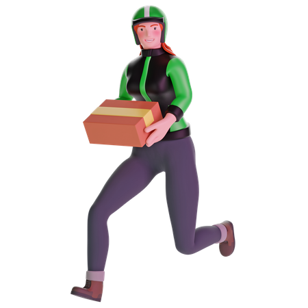Repartidora corriendo rápido sosteniendo paquete de cartón  3D Icon