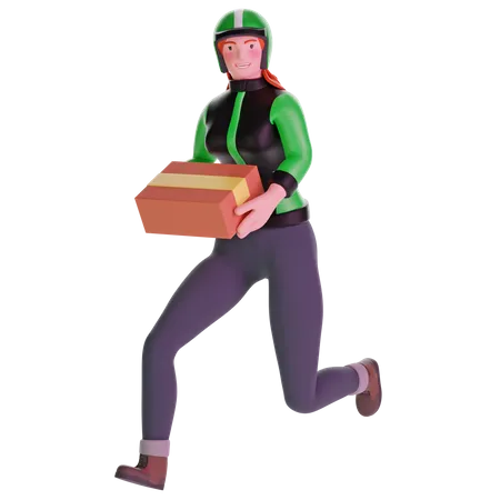 Repartidora corriendo rápido sosteniendo paquete de cartón  3D Illustration