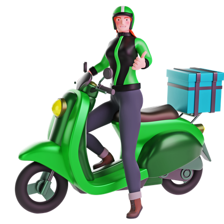 Repartidora con el pulgar hacia arriba gesto con la mano mientras conduce una motocicleta  3D Illustration