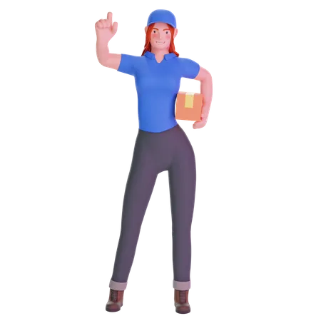 Repartidora señalando gesto con la mano en uniforme y sosteniendo un paquete de cartón  3D Illustration
