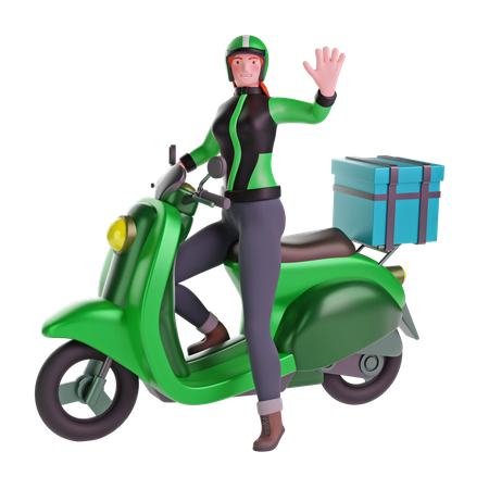 Repartidora saludando mientras anda en motocicleta  3D Illustration