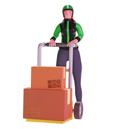 Repartidora sosteniendo carro cargado con cajas de cartón  3D Icon