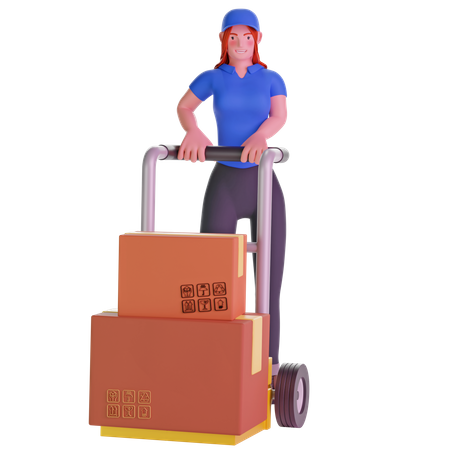 Repartidora sosteniendo carro cargado con cajas de cartón  3D Icon