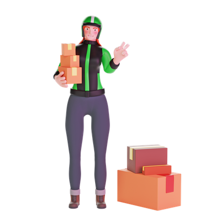 Repartidora uniformada con signo de paz y cargando cajas.  3D Icon