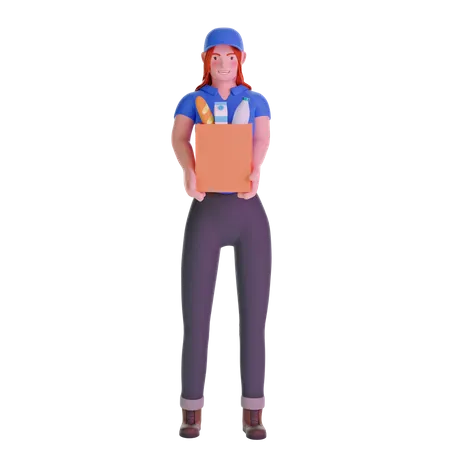 Repartidora en uniforme sosteniendo comestibles  3D Illustration