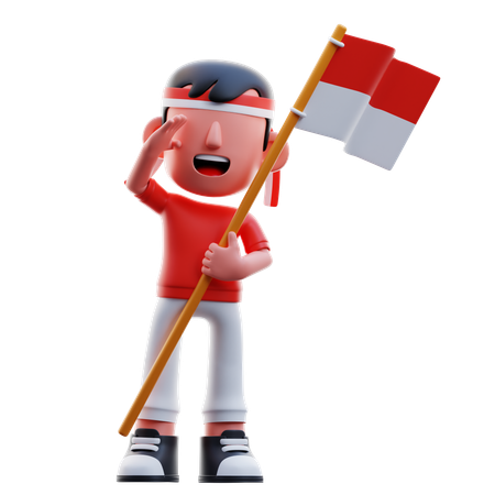 Respectful Indonesian Kid Carries Flag  3D Illustration