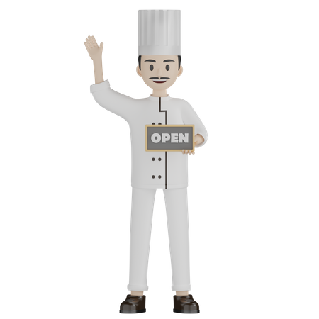 Restaurant Chef Holding Open Board  3D Illustration