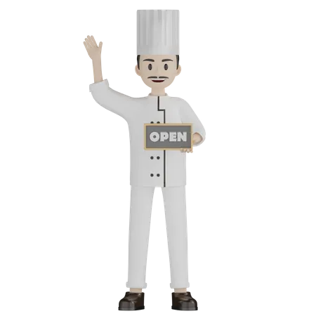 Restaurant Chef Holding Open Board  3D Illustration