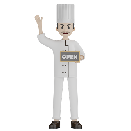 Restaurant Chef Holding Open Board 3D Illustration