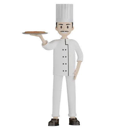 Chef de restaurante segurando pizza  3D Illustration