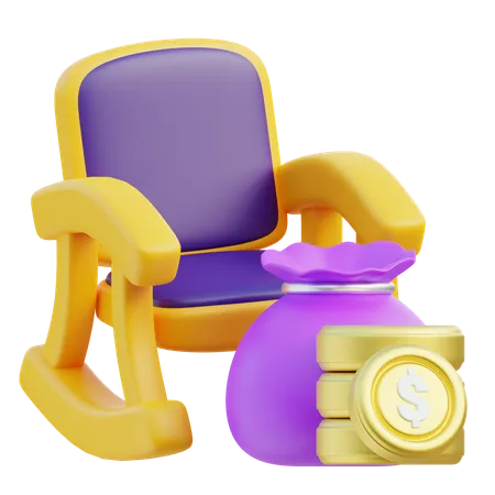 3 D Rendered Concept Of Retirement Savings Through A Visual Metaphor Featuring A Cozy Rocking Chair And A Money Bag With Gold Dollar Coins Symbolizing Financial Security And Comfort In Later Years 3D Icon