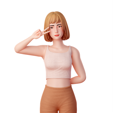Retrato de una joven haciendo una pose de mano de melocotón cerca del ojo  3D Icon