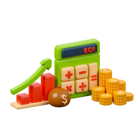 Return On Investment Calculation 3 D Illustration Calculator Calculated ROI With Bar Graph Money Bag And Stack Of Coin 3D Icon