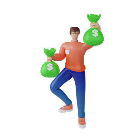 Rich businessman holding cash bags  3D Icon