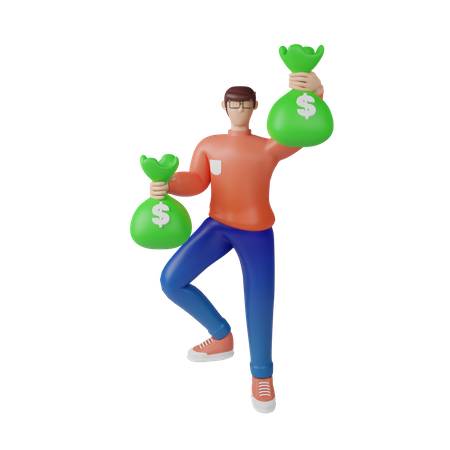 Rich businessman holding cash bags  3D Illustration