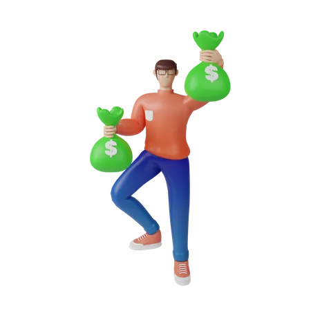 Rich businessman holding cash bags  3D Illustration