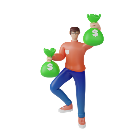 Rich businessman holding cash bags 3D Illustration