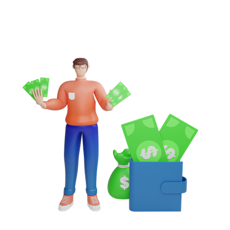 Successful wealthy businessman with lots of money 3D Illustration
