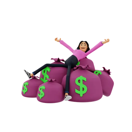 Rich Businesswoman relaxing on money bags  3D Illustration