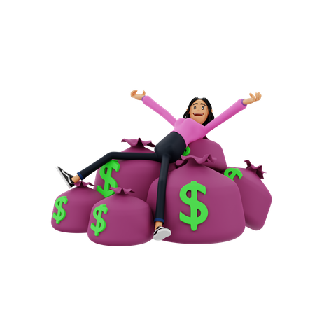 Rich Businesswoman relaxing on money bags 3D Illustration
