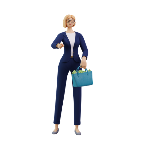 Rich female investor with money bag  3D Illustration