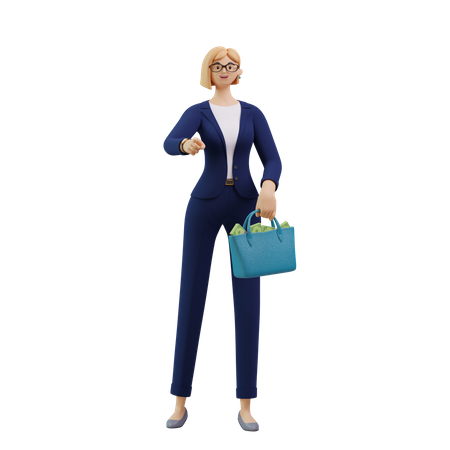 Rich female investor with money bag  3D Illustration
