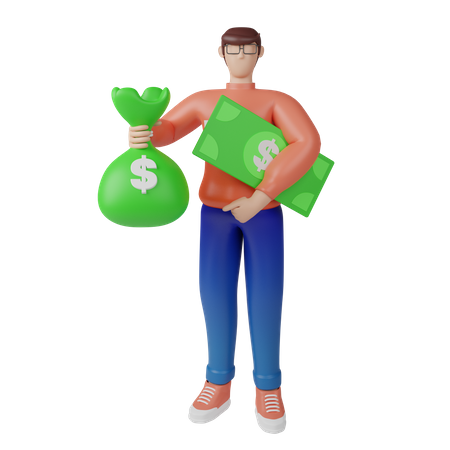 Rich investor with bag of money 3D Illustration