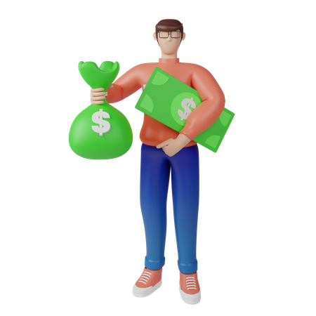 Rich investor with bag of money  3D Illustration