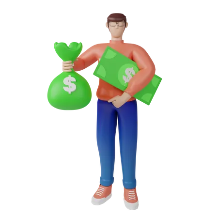 Rich investor with bag of money  3D Illustration