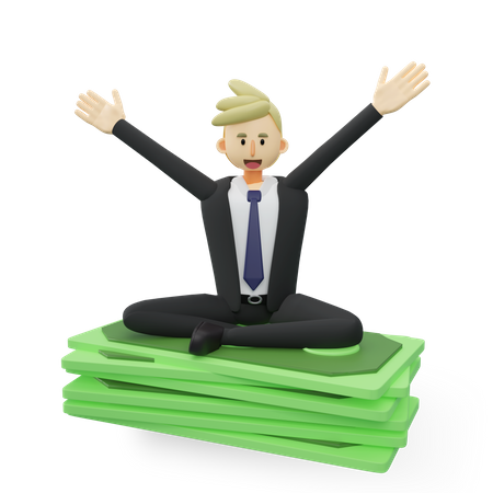 Homme d'affaires riche assis sur une pile de billets de banque  3D Illustration