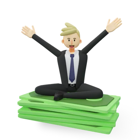 Homme d'affaires riche assis sur une pile de billets de banque  3D Illustration