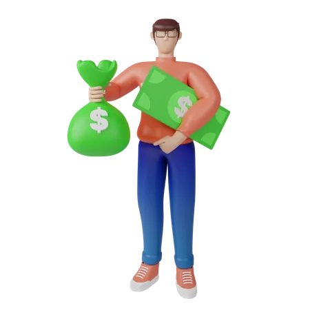 Riche investisseur avec un sac d’argent  3D Illustration