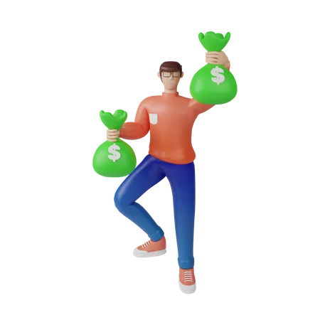 Rico empresário segurando sacos de dinheiro  3D Illustration