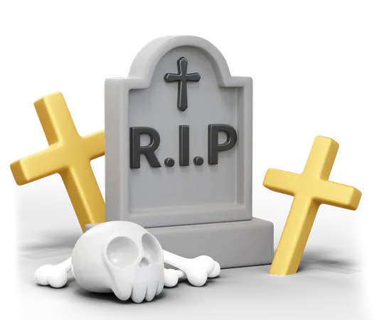 3 D Gravestone With RIP Inscription Grey Graveyard With Skull Bone Gold Christian Cross Isolated On Transparent Holiday Halloween Elements Cartoon Festival Icon 3 D Rendering Illustration 3D Icon