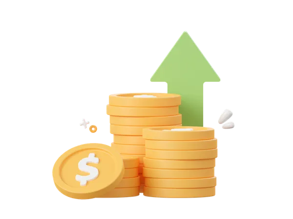 3 D Cartoon Design Illustration Of Stack Of Dollar Coin With Arrow Pointing Up Investment And Money Savings Concept 3D Icon