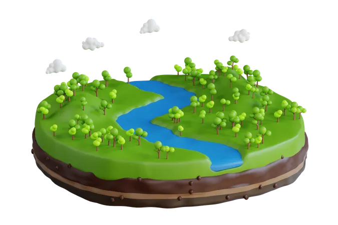3 D Illustration Of River In The Woods Blue River Among Green Meadows With Trees 3D Icon