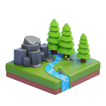 River Through Rocky Forest  3D Icon