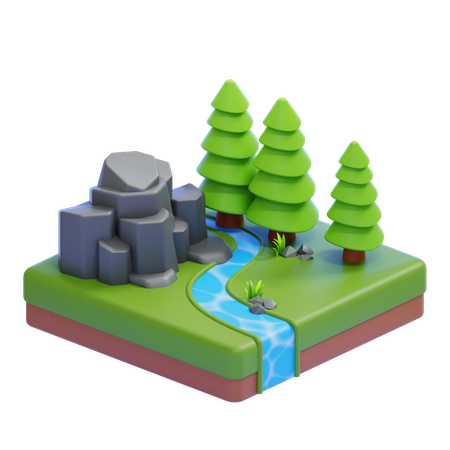 River Through Rocky Forest  3D Icon