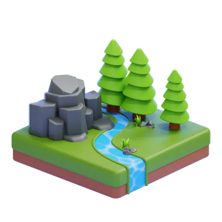 River Through Rocky Forest  3D Icon