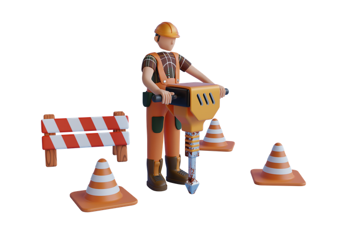 Road Worker Man Working With Power Jackhammer  3D Illustration