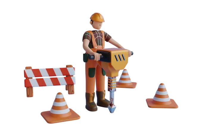 Road Worker Man Working With Power Jackhammer  3D Illustration