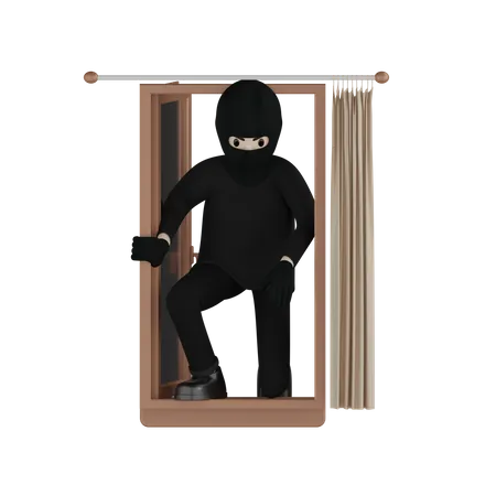 Robber Entering Through Window  3D Illustration