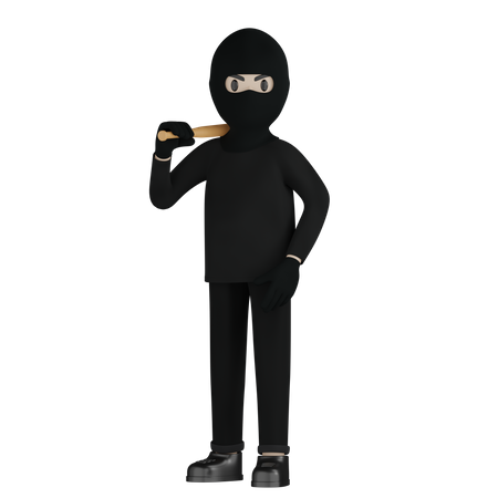 Robber Holding Baseball Bat  3D Illustration